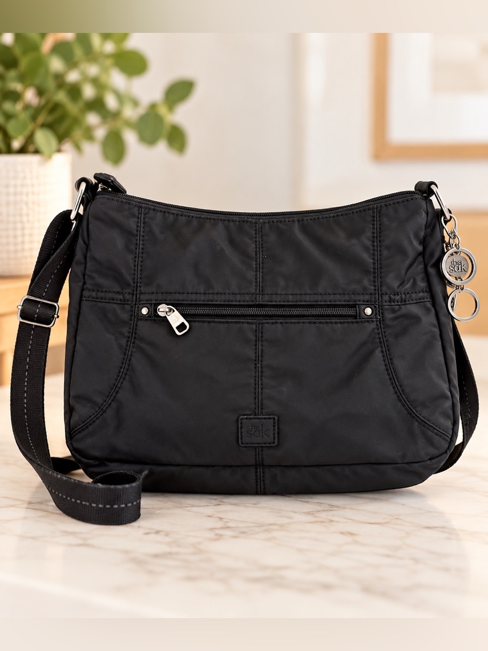 🖤 The Sak Black Nylon Crossbody Bag Adjustable Strap Silver Hardware
